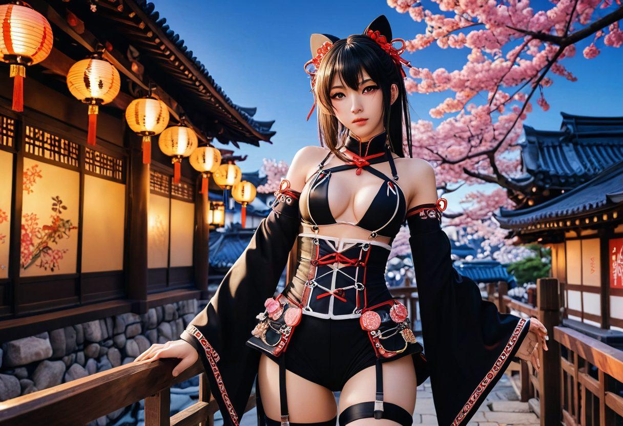 A visually striking composition showcasing elements of kink culture through the lens of Japanese animation, featuring a colorful, stylized anime character adorned in intricate, playful fetish attire, surrounded by various fetish objects like cuffs, ropes and masks, all set in a vibrant and dynamic cityscape. The background includes subtle nods to Japanese culture, such as cherry blossoms and traditional lanterns. Art style should be vibrant and colorful with a mix of anime and contemporary aesthetics.