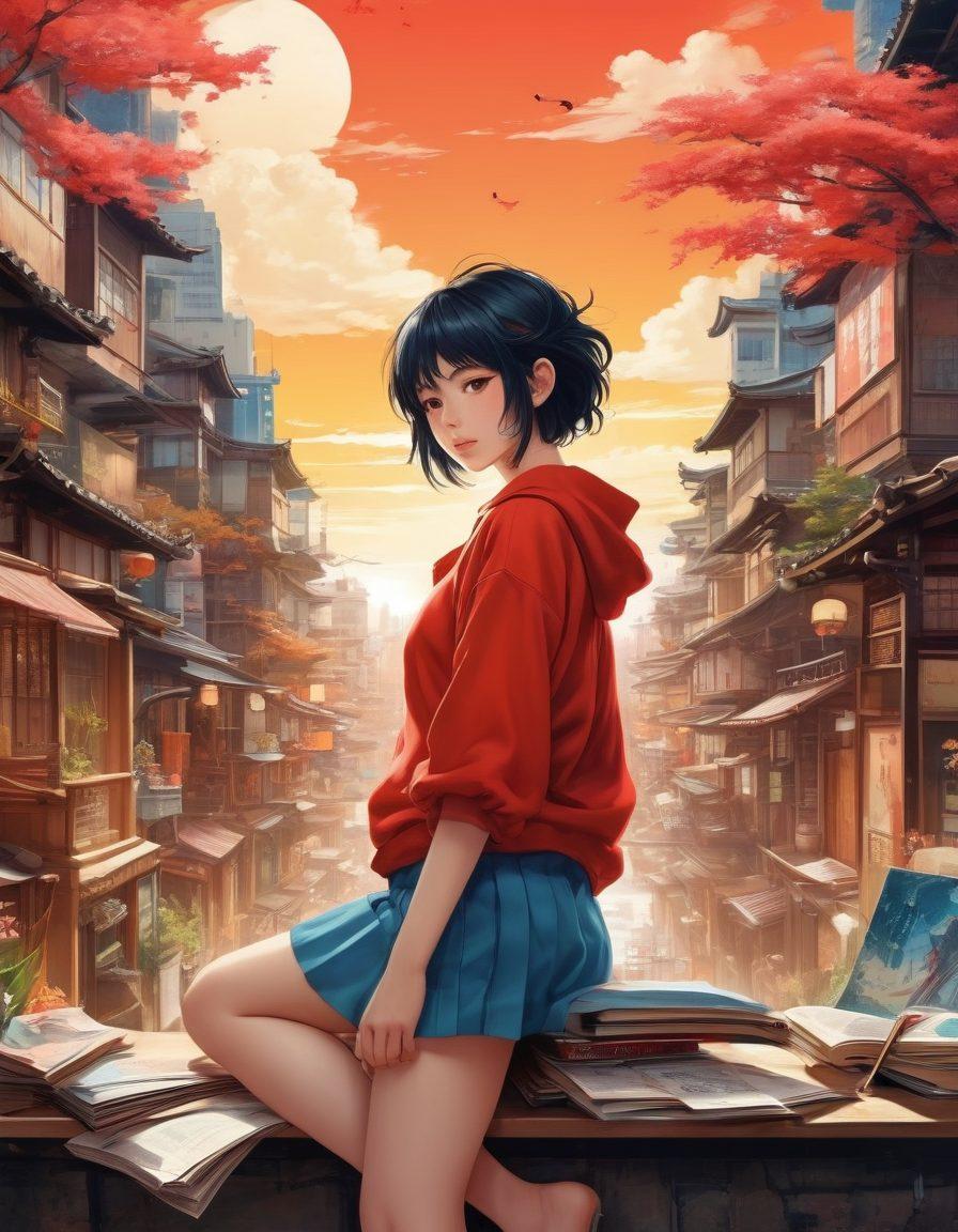 A visually striking collage depicting elements of otaku culture, including iconic anime characters and manga books, juxtaposed with subtle references to adult themes. The image should have a playful yet mature atmosphere, featuring vibrant colors and dynamic poses that draw the viewer in. Surrounding these elements, integrate soft gradients and abstract patterns to enhance the cultural significance. The background should be a blend of urban landscapes and dream-like anime aesthetics. Art style: super-realistic. vibrant colors. manga-inspired.